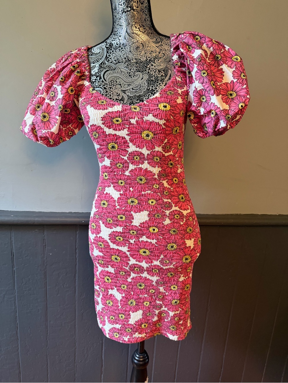 Zara Pink Floral Puff-Sleeve Smocked Mini Dress